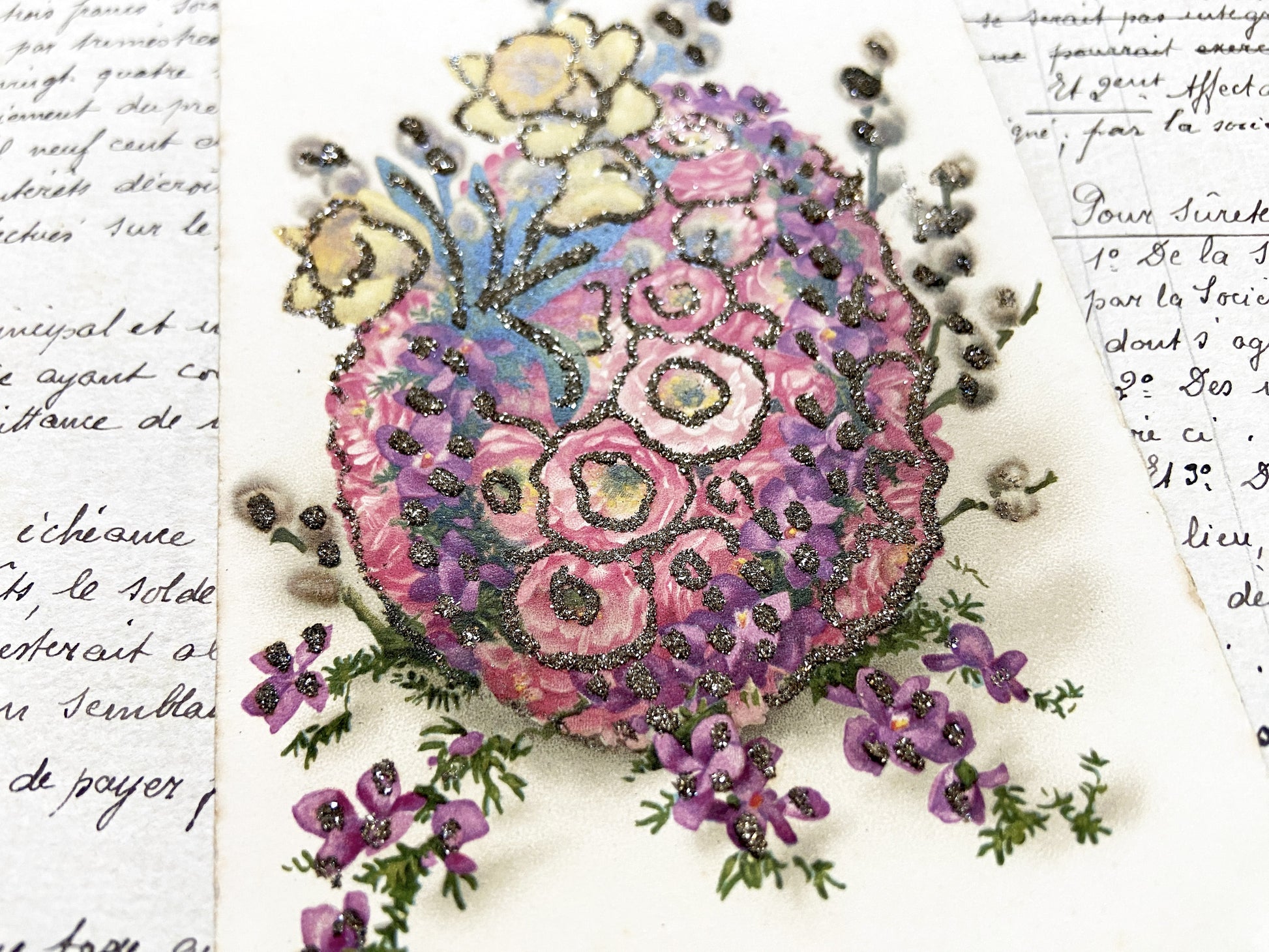 1920s - Vintage Easter Postcard - French Greeting - Glitter Embellished Floral Design - Antique Holiday Collectible Card - Spring Floral Art