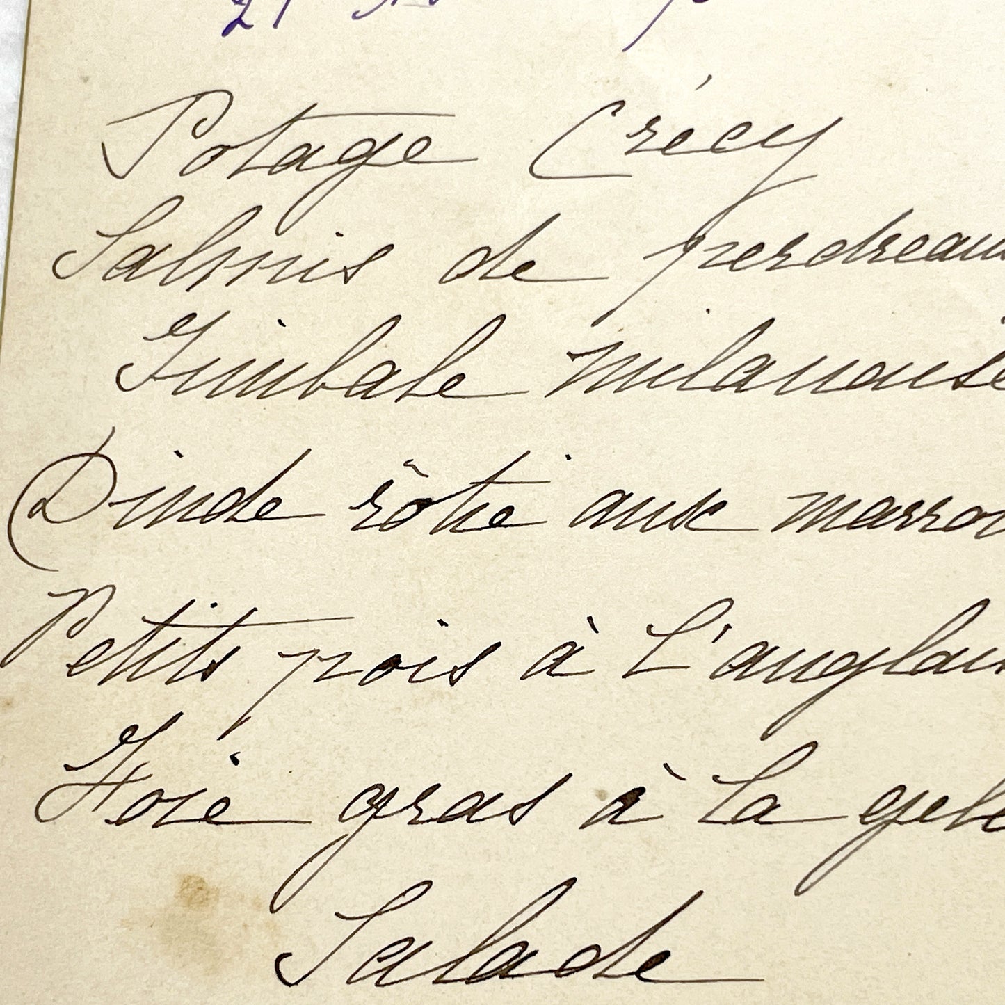 Late 19th - Handwritten French Menu Card - Elegant Dinner - Foie Gras - Roasted Turkey - Charlotte Gaufree - Culinary History Document