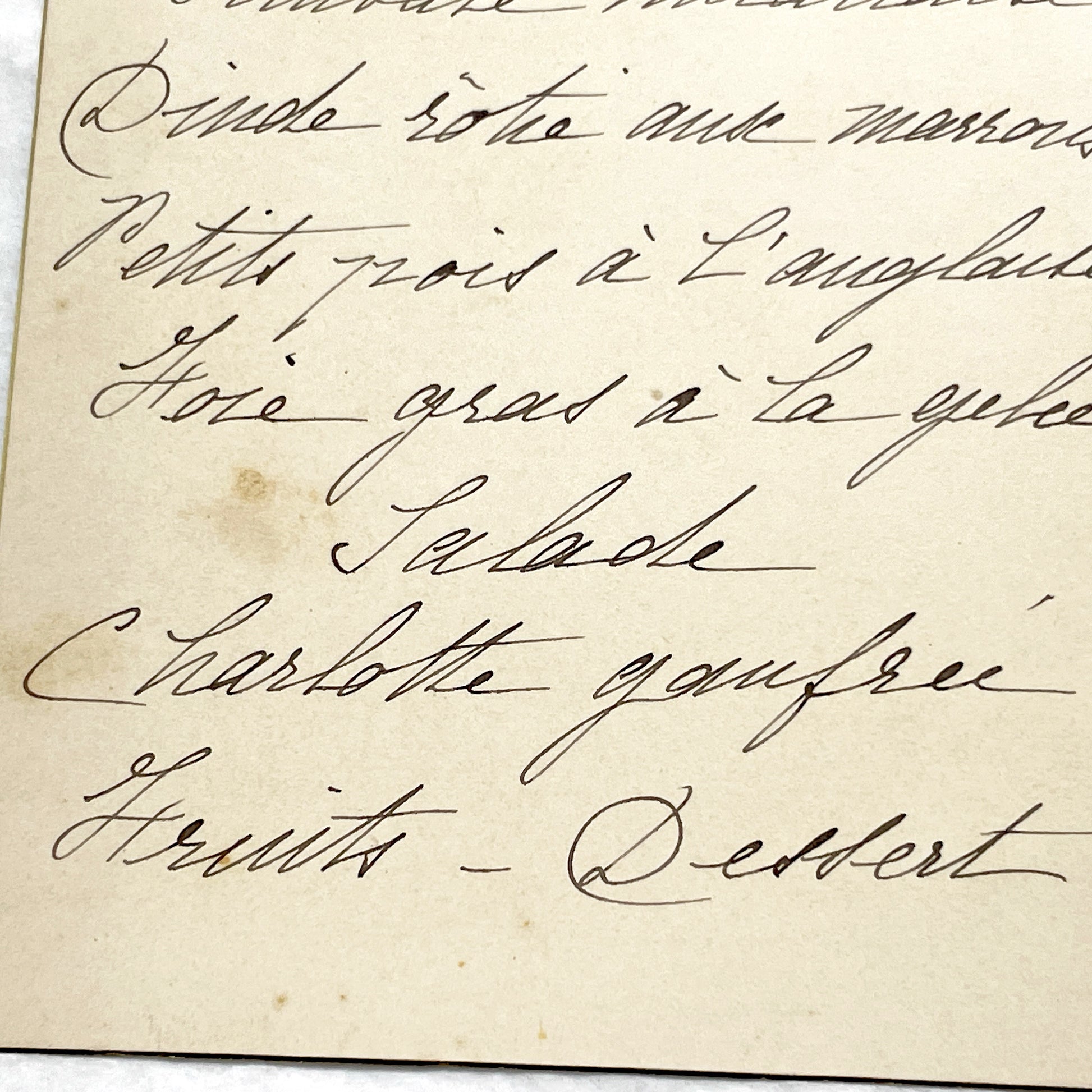 Late 19th - Handwritten French Menu Card - Elegant Dinner - Foie Gras - Roasted Turkey - Charlotte Gaufree - Culinary History Document