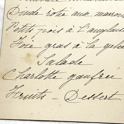 Late 19th - Handwritten French Menu Card - Elegant Dinner - Foie Gras - Roasted Turkey - Charlotte Gaufree - Culinary History Document