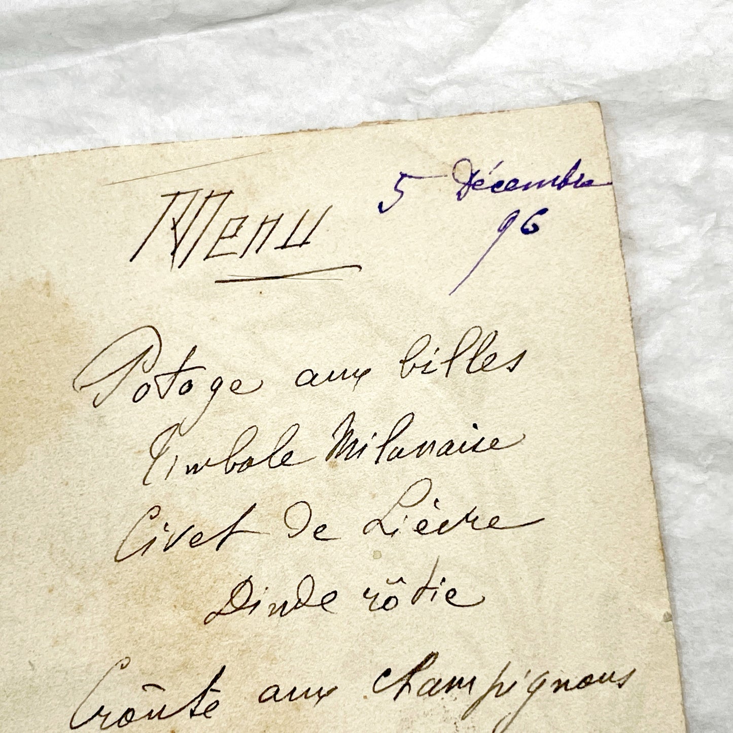 1890s - French Handwritten Menu Card - Elegant Culinary History - Vintage Dining Experience - December 1896 Festive Meal