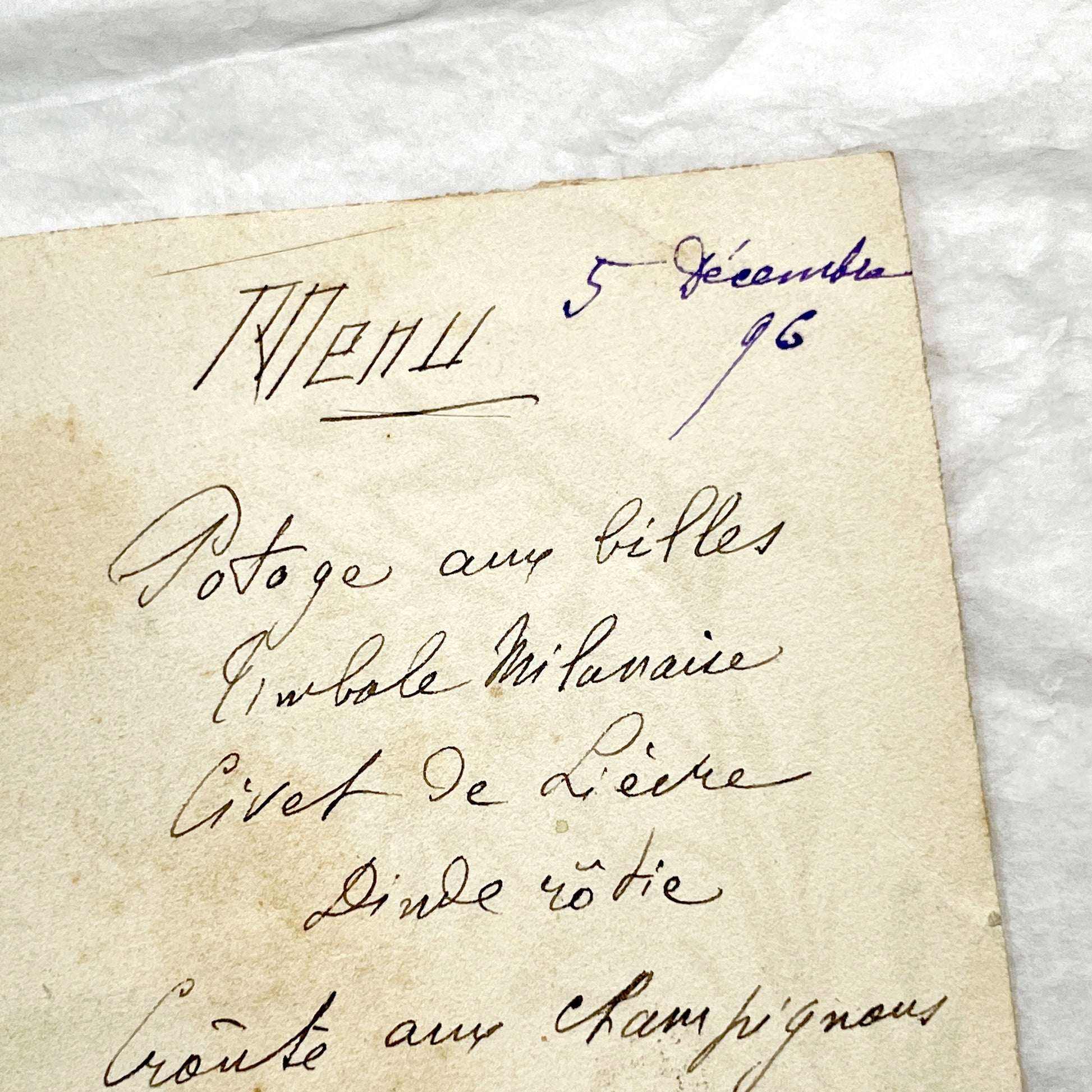 1890s - French Handwritten Menu Card - Elegant Culinary History - Vintage Dining Experience - December 1896 Festive Meal
