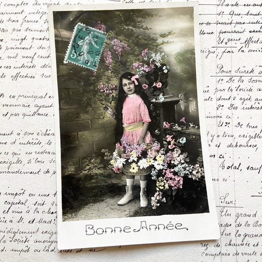 1910s - Hand-Tinted Vintage French Postcard - Young Girl with Flower Basket - Bonne Année Greeting - Collectible Ephemera Antique Card Art