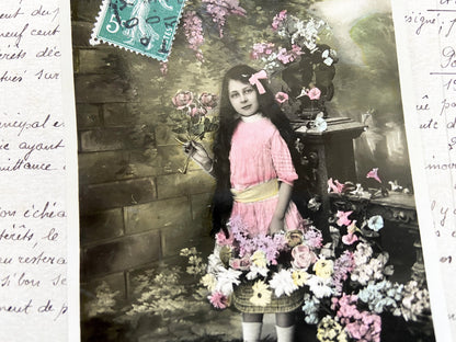 1910s - Hand-Tinted Vintage French Postcard - Young Girl with Flower Basket - Bonne Année Greeting - Collectible Ephemera Antique Card Art