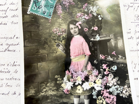 1910s - Hand-Tinted Vintage French Postcard - Young Girl with Flower Basket - Bonne Année Greeting - Collectible Ephemera Antique Card Art