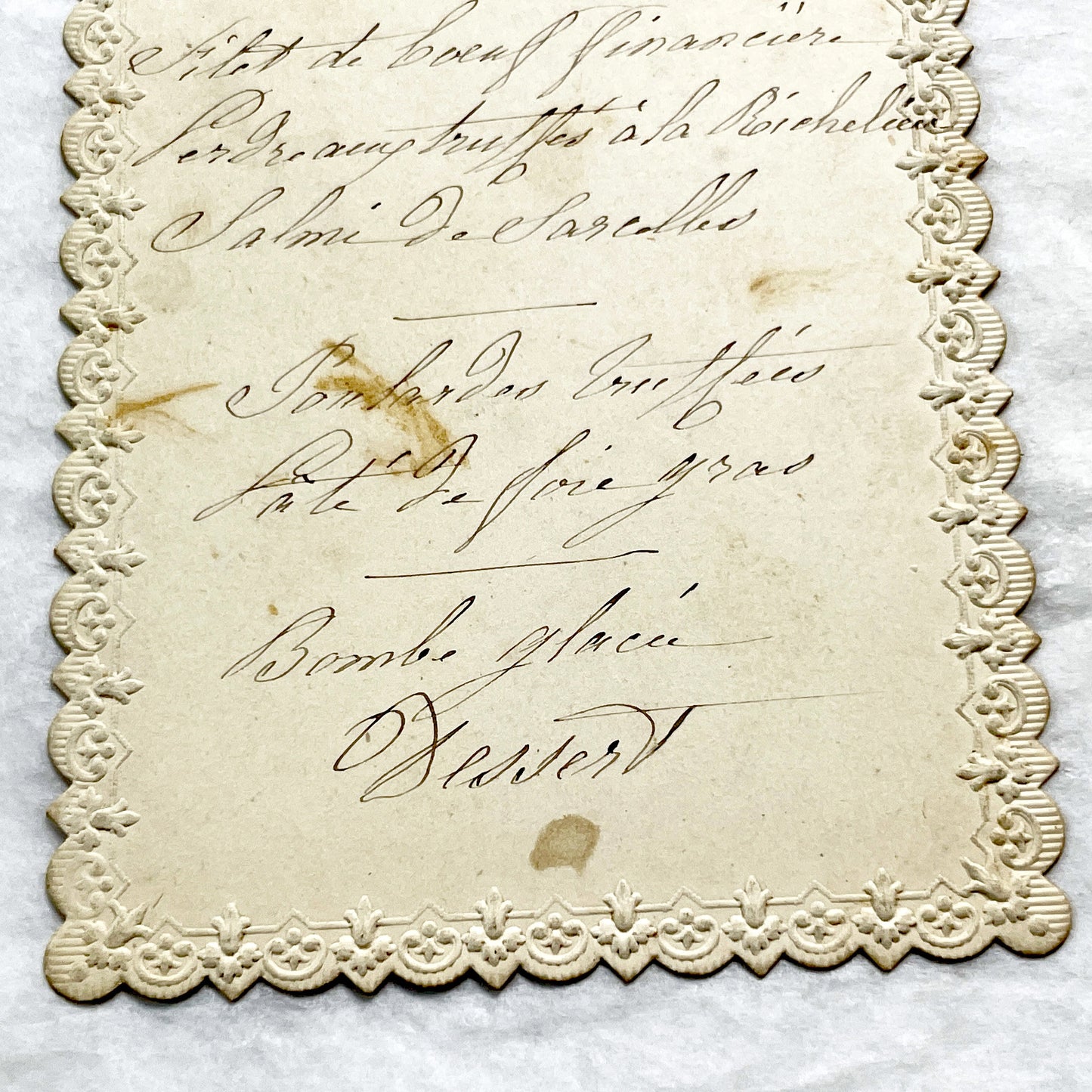 Late 19th - Ornate French Menu Card - Handwritten Fine Dining Dishes - Distinguished Guest Experience - Culinary History.