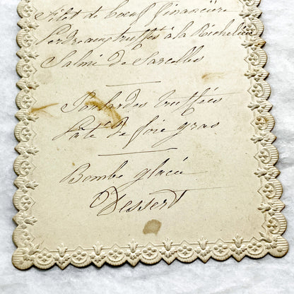 Late 19th - Ornate French Menu Card - Handwritten Fine Dining Dishes - Distinguished Guest Experience - Culinary History.