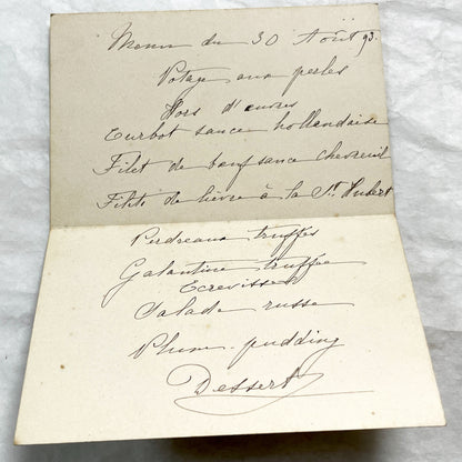 Late 19th - Handwritten French Menu Card from 1893 - Formal Dinner - Vintage Culinary Document - Historical Gastronomy