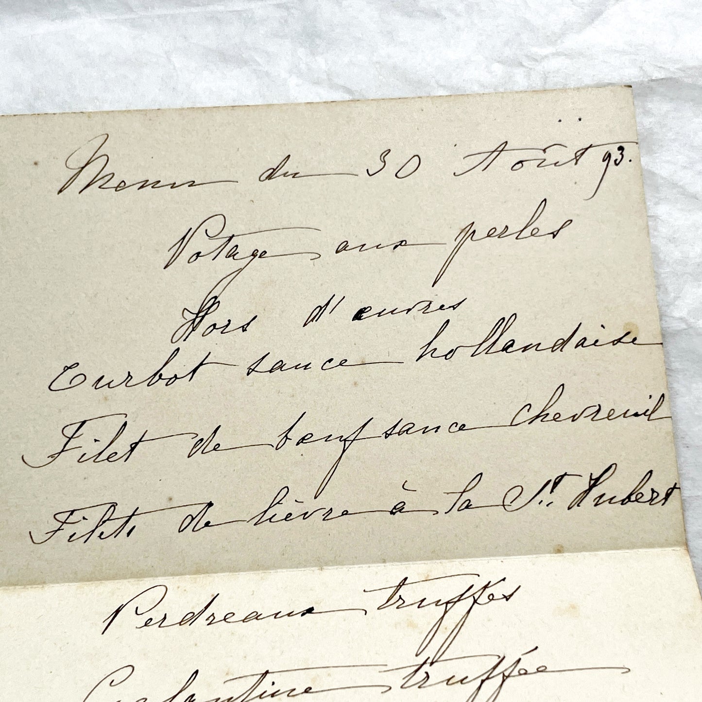 Late 19th - Handwritten French Menu Card from 1893 - Formal Dinner - Vintage Culinary Document - Historical Gastronomy