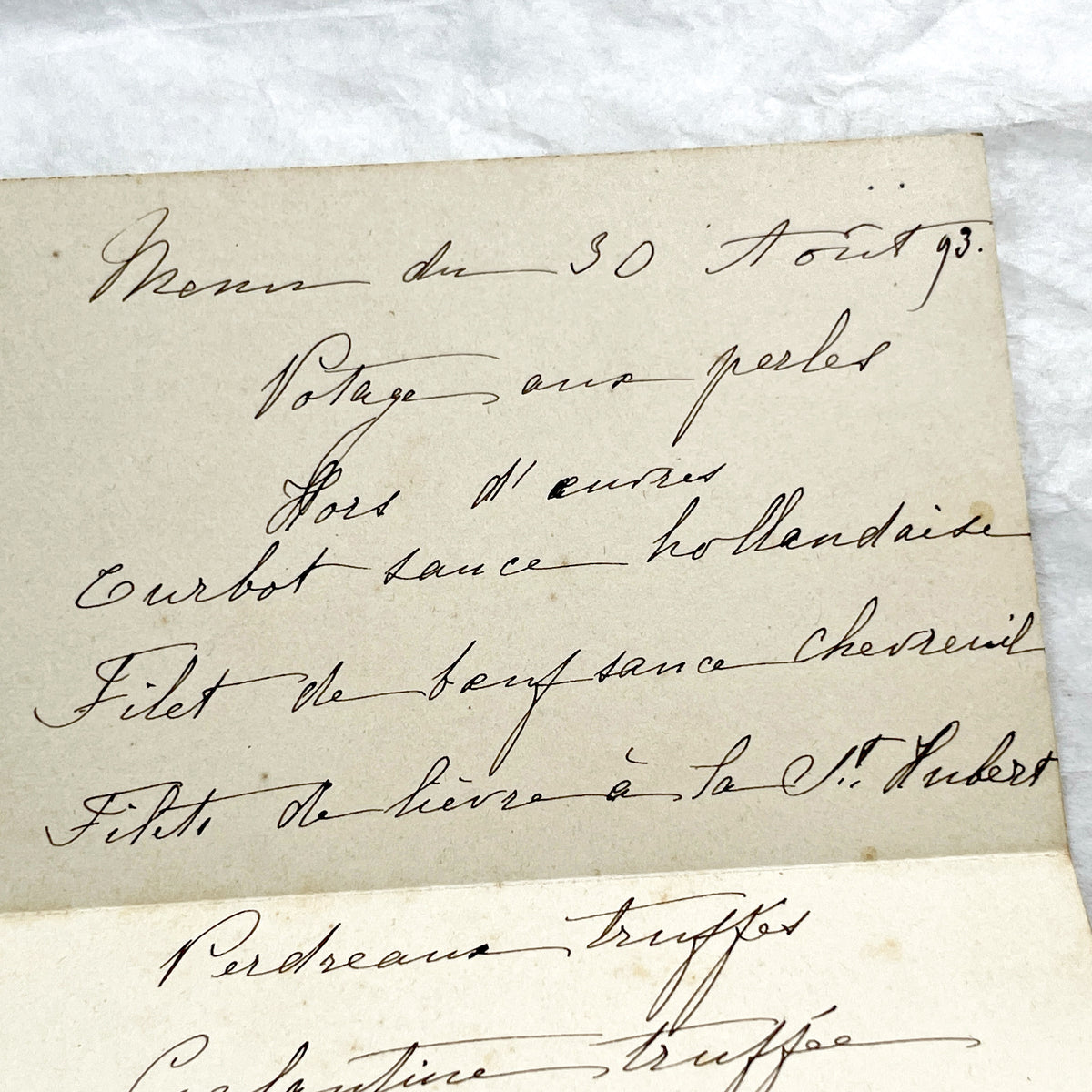 Late 19th - Handwritten French Menu Card from 1893 - Formal Dinner - Vintage Culinary Document - Historical Gastronomy