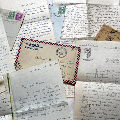 1950s French letters set with original envelopes, handwritten text, vintage stamps, and airmail markings.