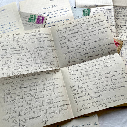 1950s French letters set with original envelopes, handwritten text, vintage stamps, and airmail markings.