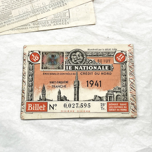 1940s - French National Lottery Ticket - Crédit du Nord - 1939 or 1941 - Vintage Paper Ephemera - Collectible French History