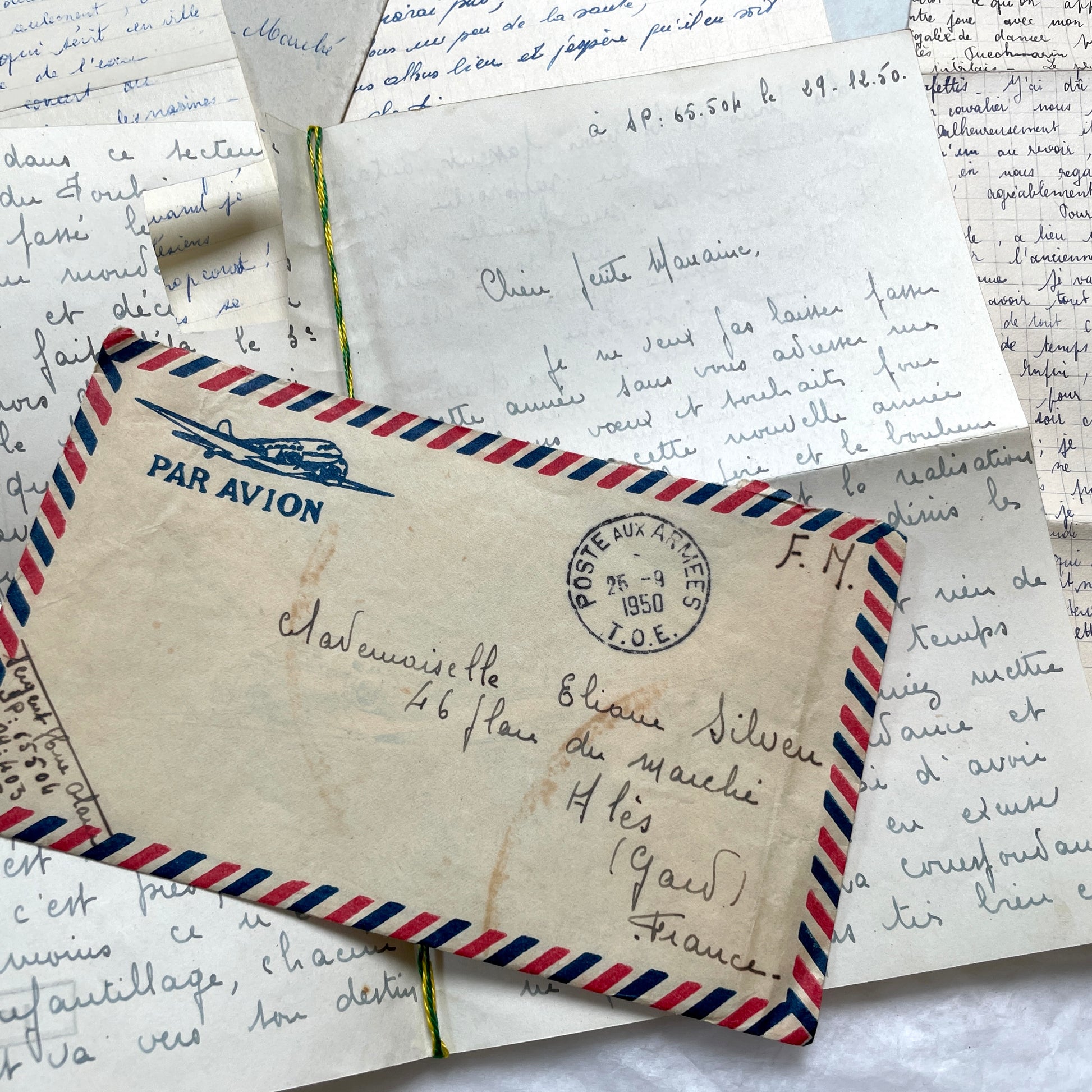 1950s French letters set with original envelopes, handwritten text, vintage stamps, and airmail markings.