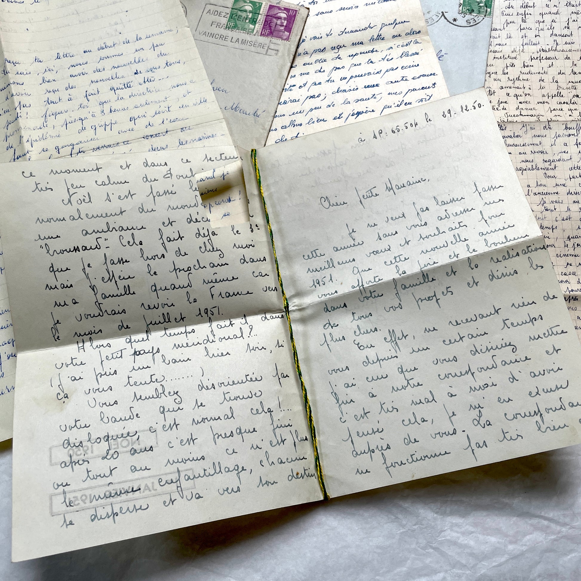 1950s French letters set with original envelopes, handwritten text, vintage stamps, and airmail markings.