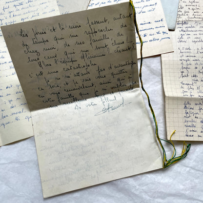 1950s French letters set with original envelopes, handwritten text, vintage stamps, and airmail markings.