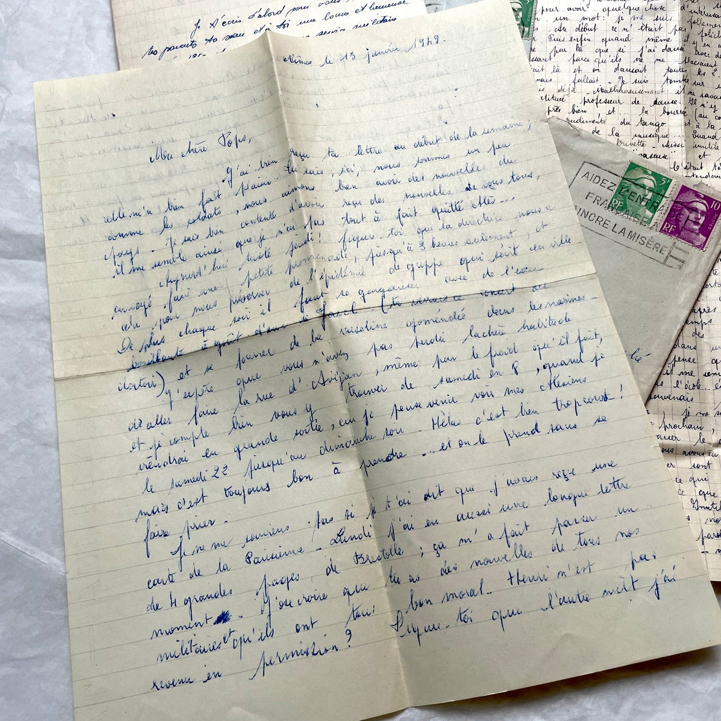 1950s French letters set with original envelopes, handwritten text, vintage stamps, and airmail markings.