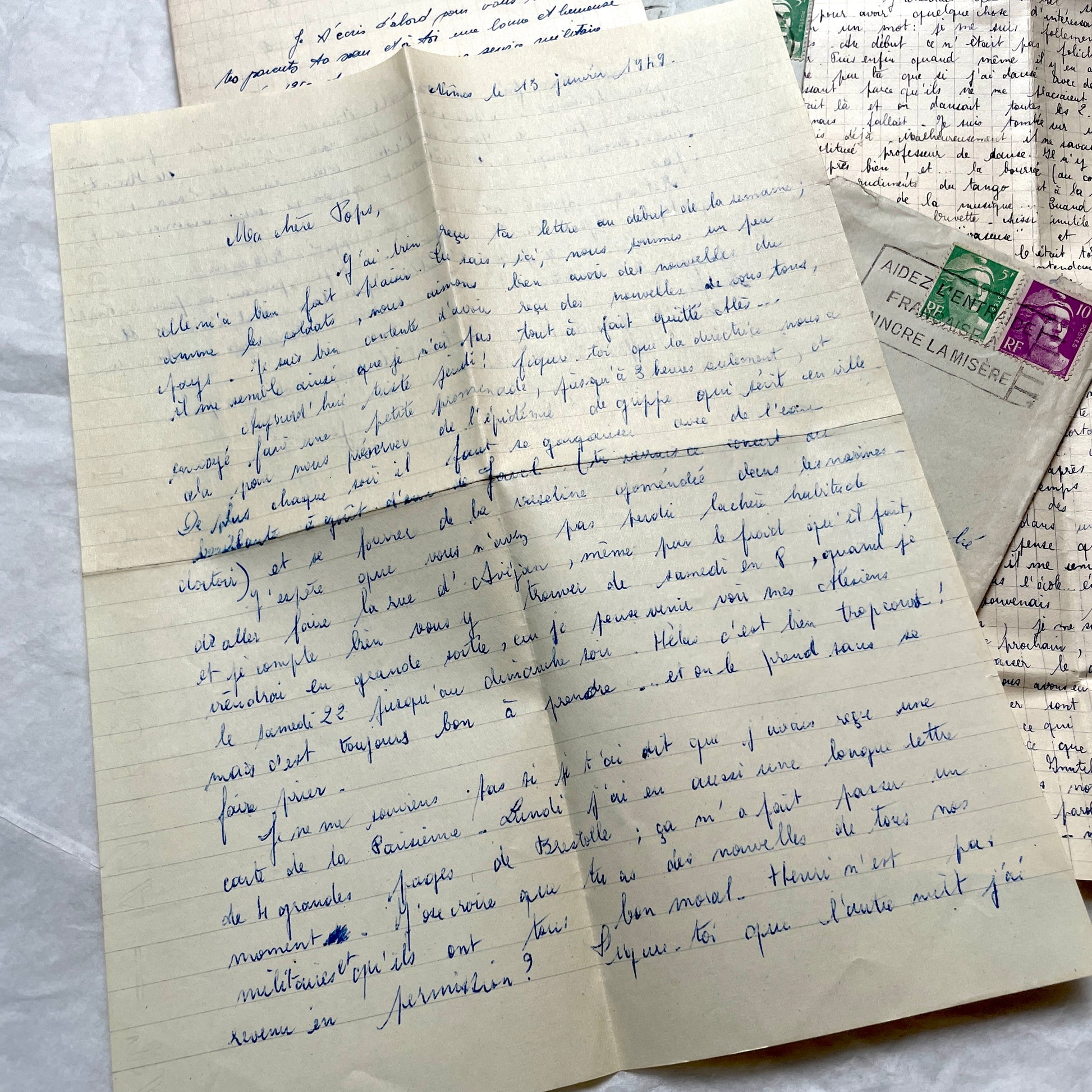 1950s French letters set with original envelopes, handwritten text, vintage stamps, and airmail markings.