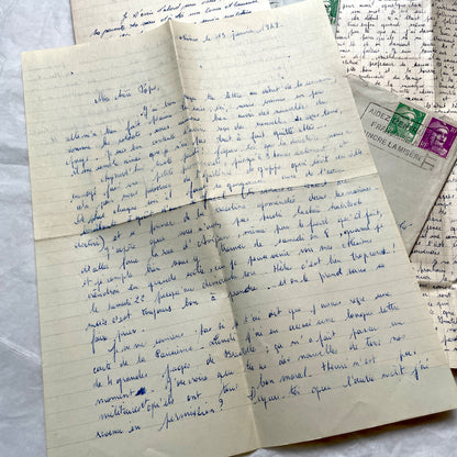 1950s French letters set with original envelopes, handwritten text, vintage stamps, and airmail markings.