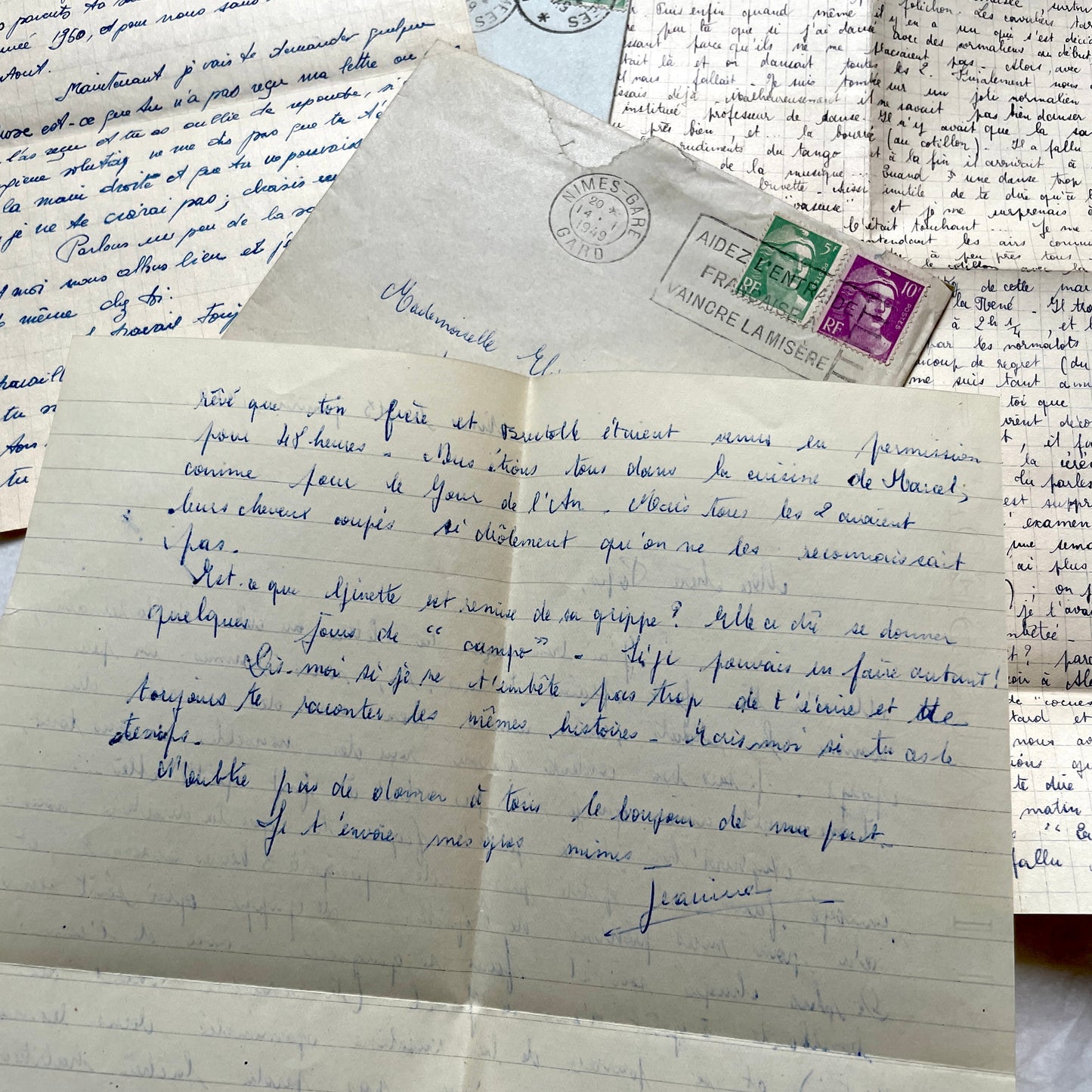 1950s French letters set with original envelopes, handwritten text, vintage stamps, and airmail markings.