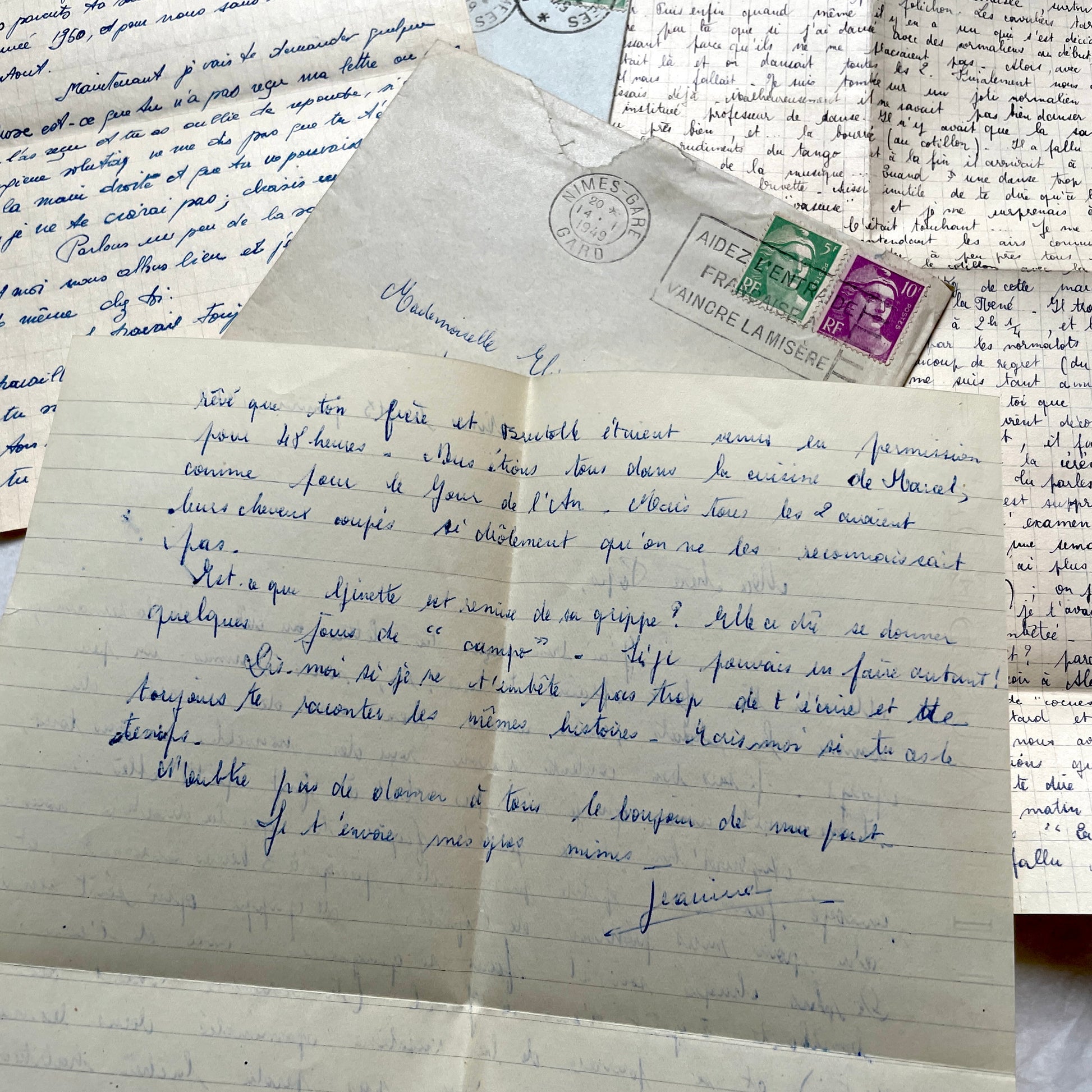 1950s French letters set with original envelopes, handwritten text, vintage stamps, and airmail markings.