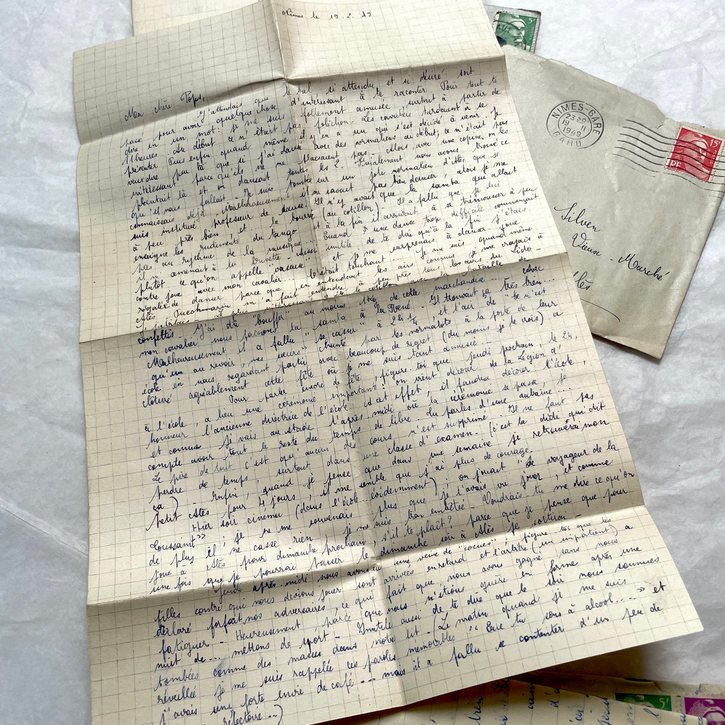 1950s French letters set with original envelopes, handwritten text, vintage stamps, and airmail markings.