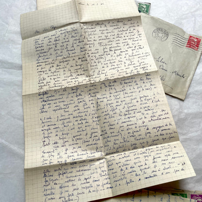 1950s French letters set with original envelopes, handwritten text, vintage stamps, and airmail markings.