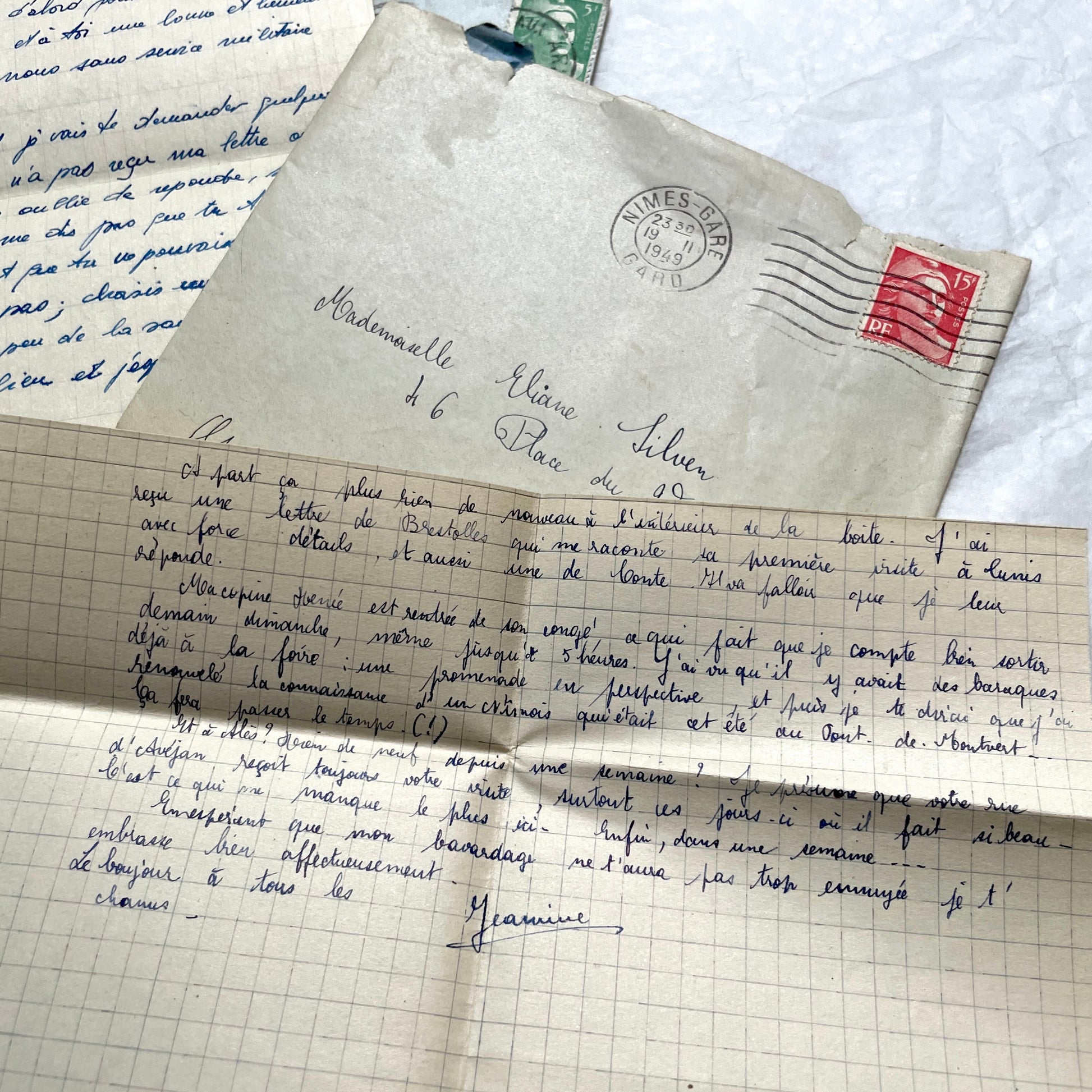 1950s French letters set with original envelopes, handwritten text, vintage stamps, and airmail markings.