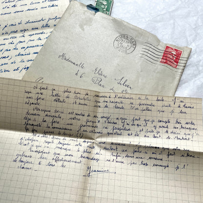 1950s French letters set with original envelopes, handwritten text, vintage stamps, and airmail markings.