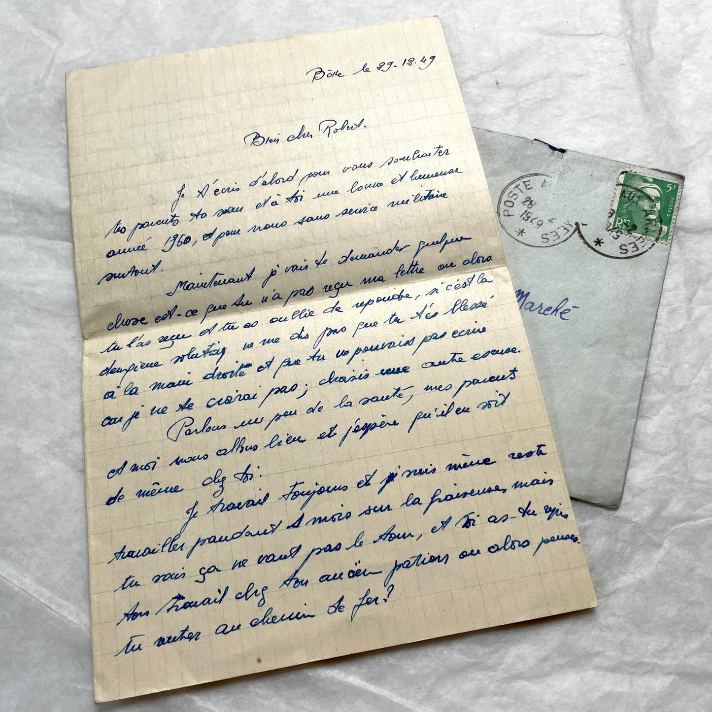 1950s French letters set with original envelopes, handwritten text, vintage stamps, and airmail markings.