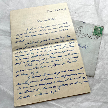1950s French letters set with original envelopes, handwritten text, vintage stamps, and airmail markings.