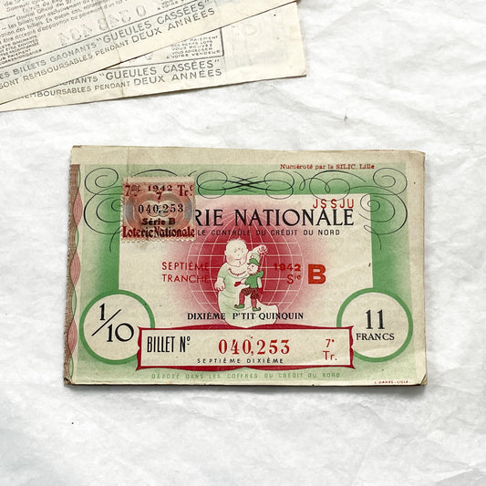 1940s - French National Lottery Ticket - P'tit Quinquin - 11 Francs - Collectible Paper Ephemera - Credit du Nord