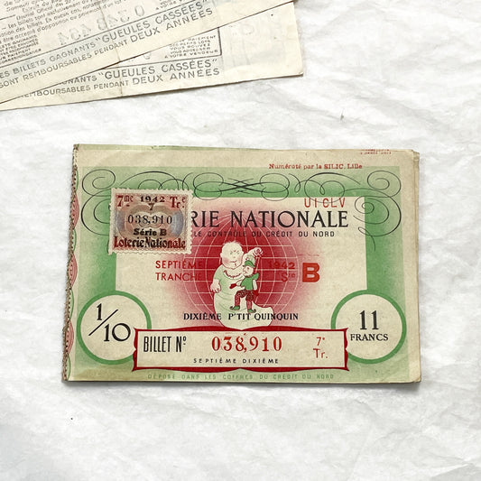 1940s - French National Lottery Ticket - P'tit Quinquin - 11 Francs - Collectible Paper Ephemera - Credit du Nord