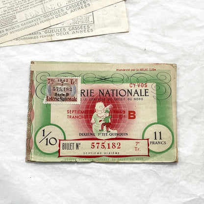 1940s - French National Lottery Ticket - P'tit Quinquin - 11 Francs - Collectible Paper Ephemera - Credit du Nord