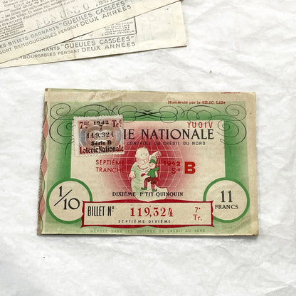 1940s - French National Lottery Ticket - P'tit Quinquin - 11 Francs - Collectible Paper Ephemera - Credit du Nord