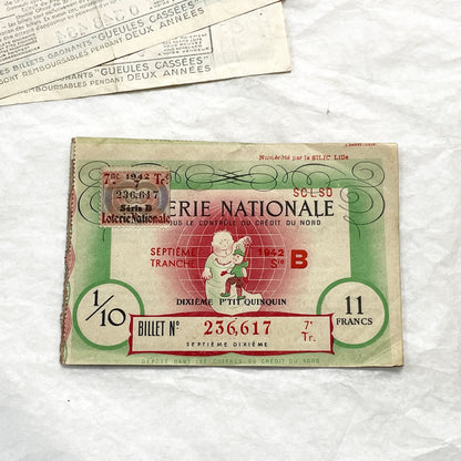 1940s - French National Lottery Ticket - P'tit Quinquin - 11 Francs - Collectible Paper Ephemera - Credit du Nord