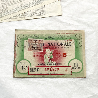 1940s - French National Lottery Ticket - P'tit Quinquin - 11 Francs - Collectible Paper Ephemera - Credit du Nord