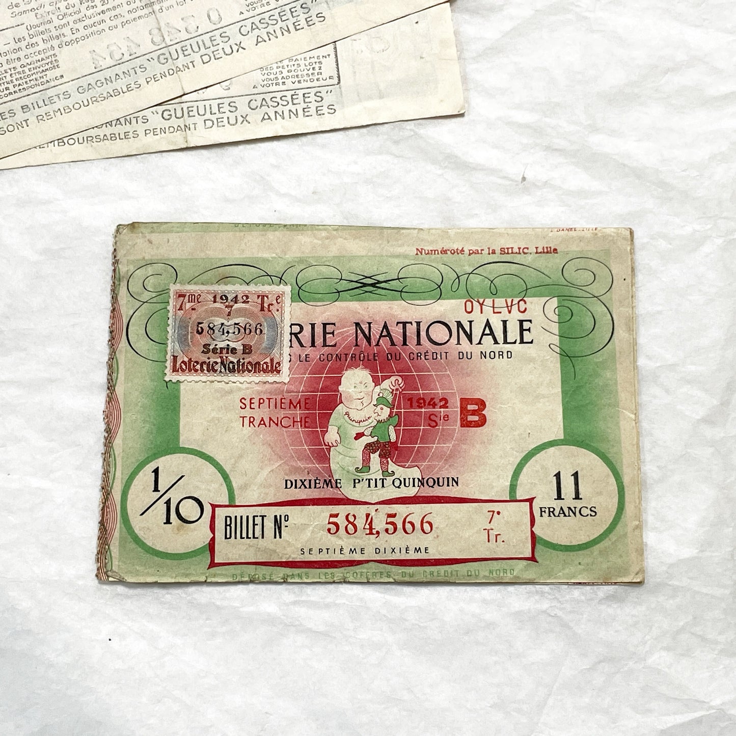 1940s - French National Lottery Ticket - P'tit Quinquin - 11 Francs - Collectible Paper Ephemera - Credit du Nord