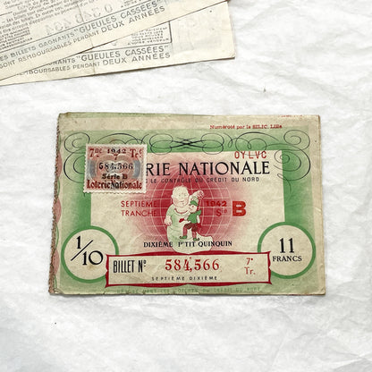 1940s - French National Lottery Ticket - P'tit Quinquin - 11 Francs - Collectible Paper Ephemera - Credit du Nord