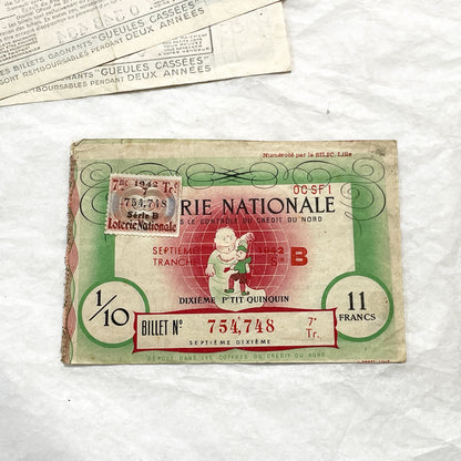 1940s - French National Lottery Ticket - P'tit Quinquin - 11 Francs - Collectible Paper Ephemera - Credit du Nord