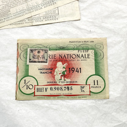 1940s - French National Lottery Ticket - P'tit Quinquin - 11 Francs - Collectible Paper Ephemera - Credit du Nord