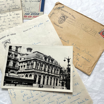 Set of 1940s French letters and envelopes, featuring handwritten notes, postal stamps, and vintage airmail details.