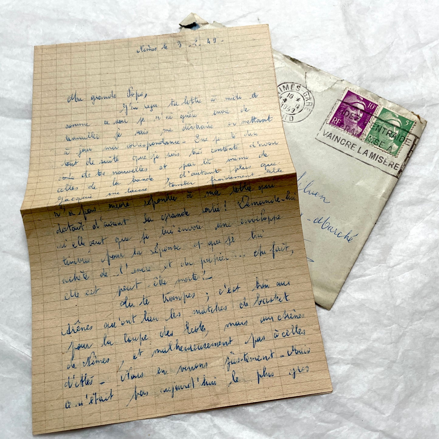 Set of 1940s French letters and envelopes, featuring handwritten notes, postal stamps, and vintage airmail details.