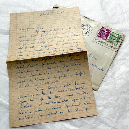 Set of 1940s French letters and envelopes, featuring handwritten notes, postal stamps, and vintage airmail details.