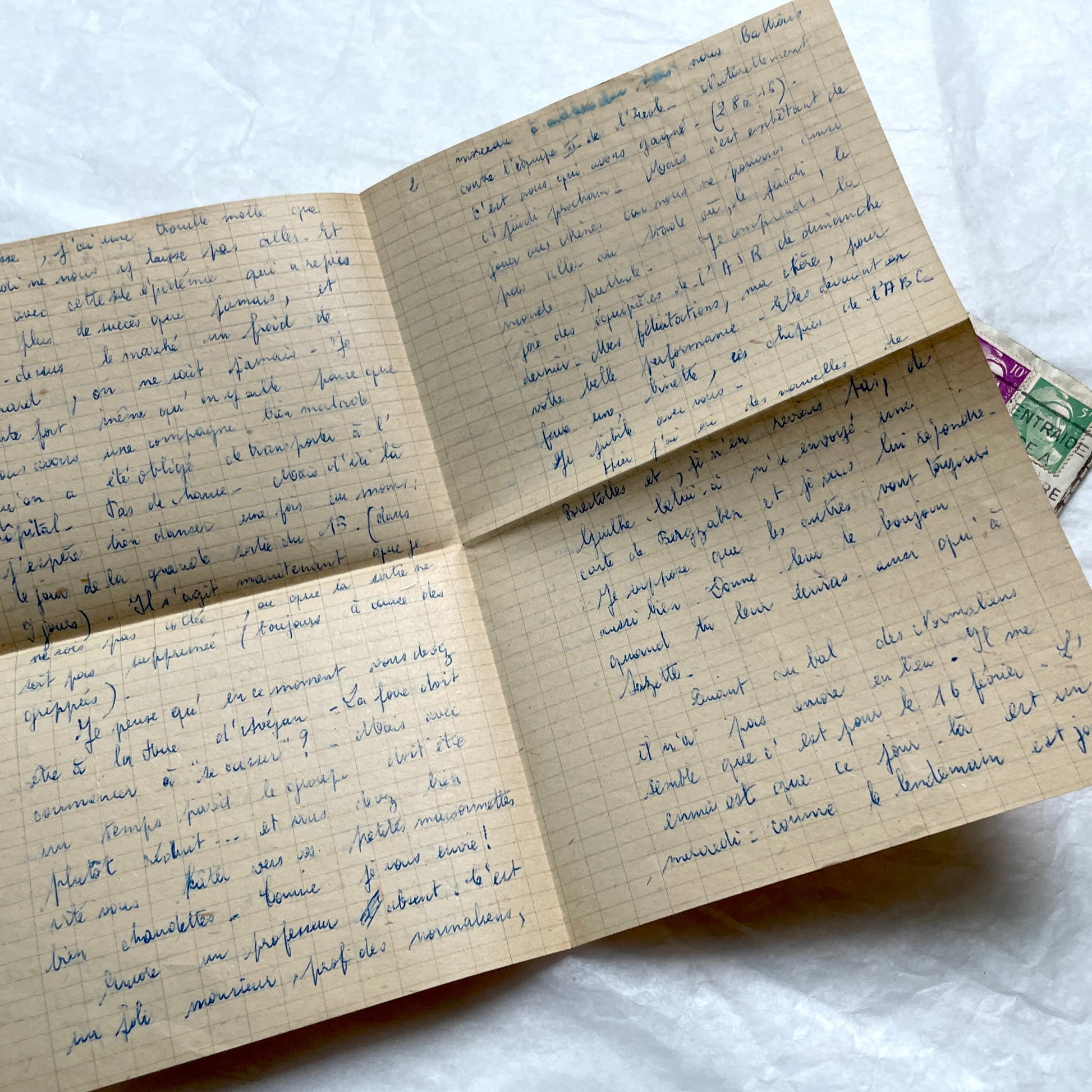 Set of 1940s French letters and envelopes, featuring handwritten notes, postal stamps, and vintage airmail details.
