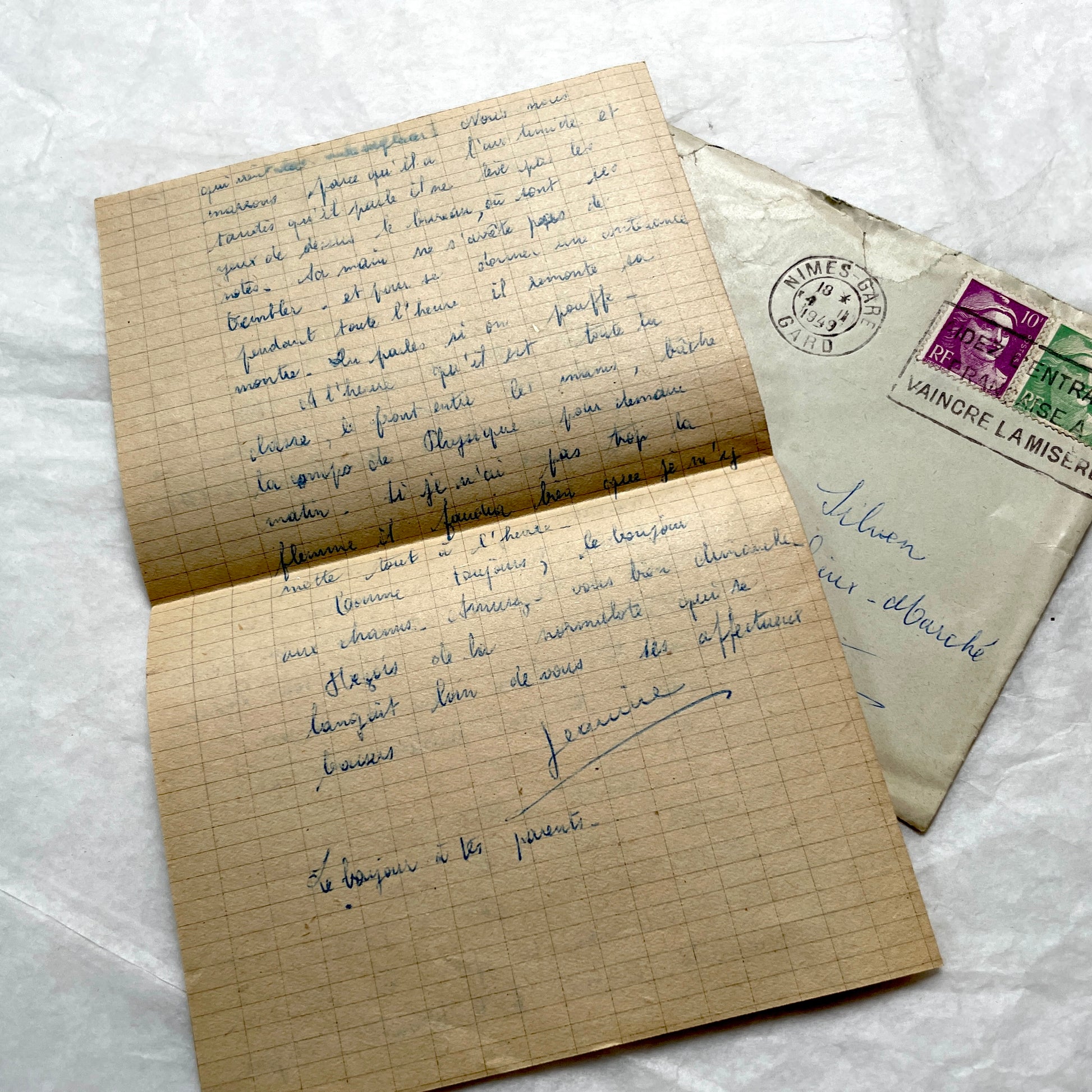 Set of 1940s French letters and envelopes, featuring handwritten notes, postal stamps, and vintage airmail details.
