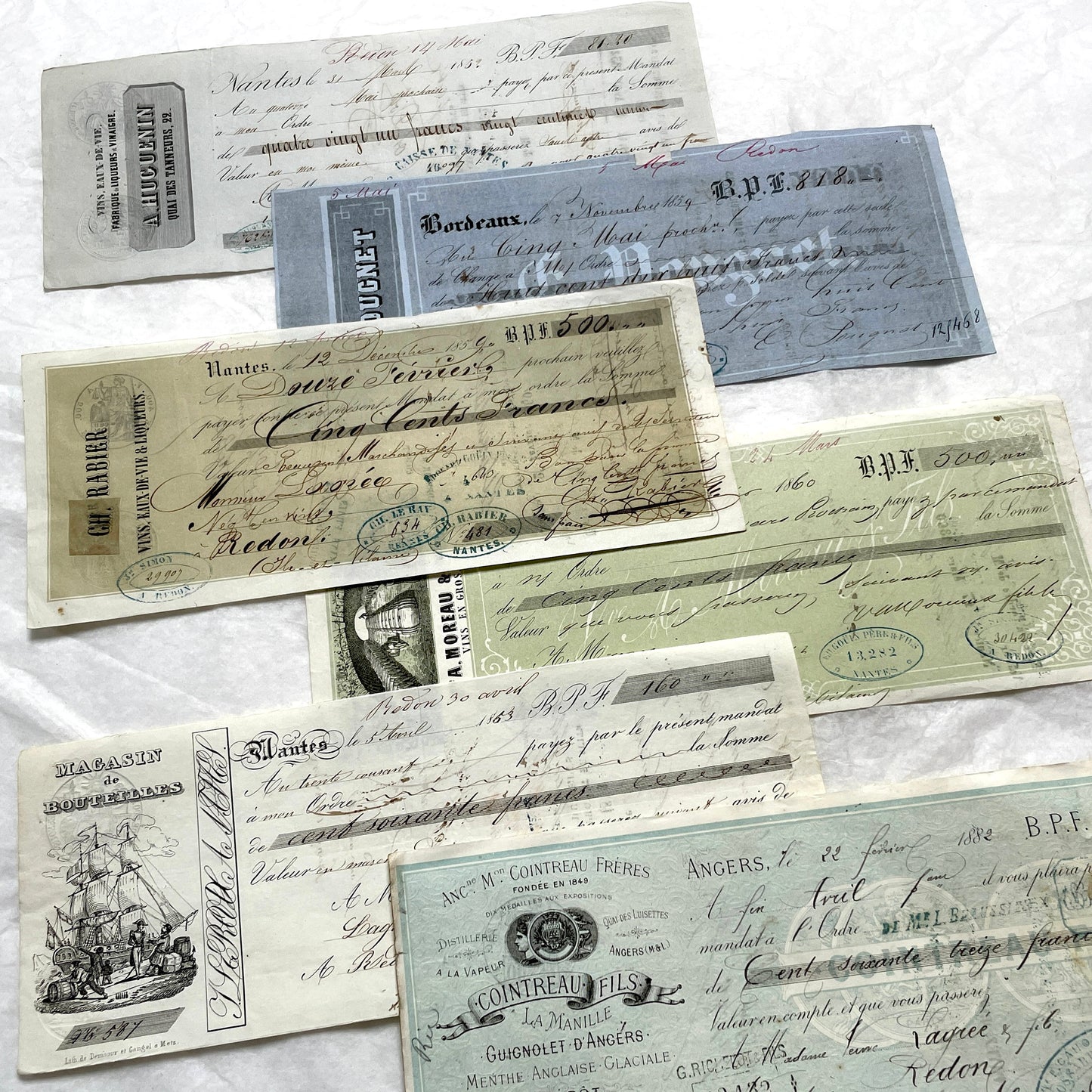 Set of 6 Mid 19th Century French exchange letters with handwritten text, historic stamps, and vintage business names includin