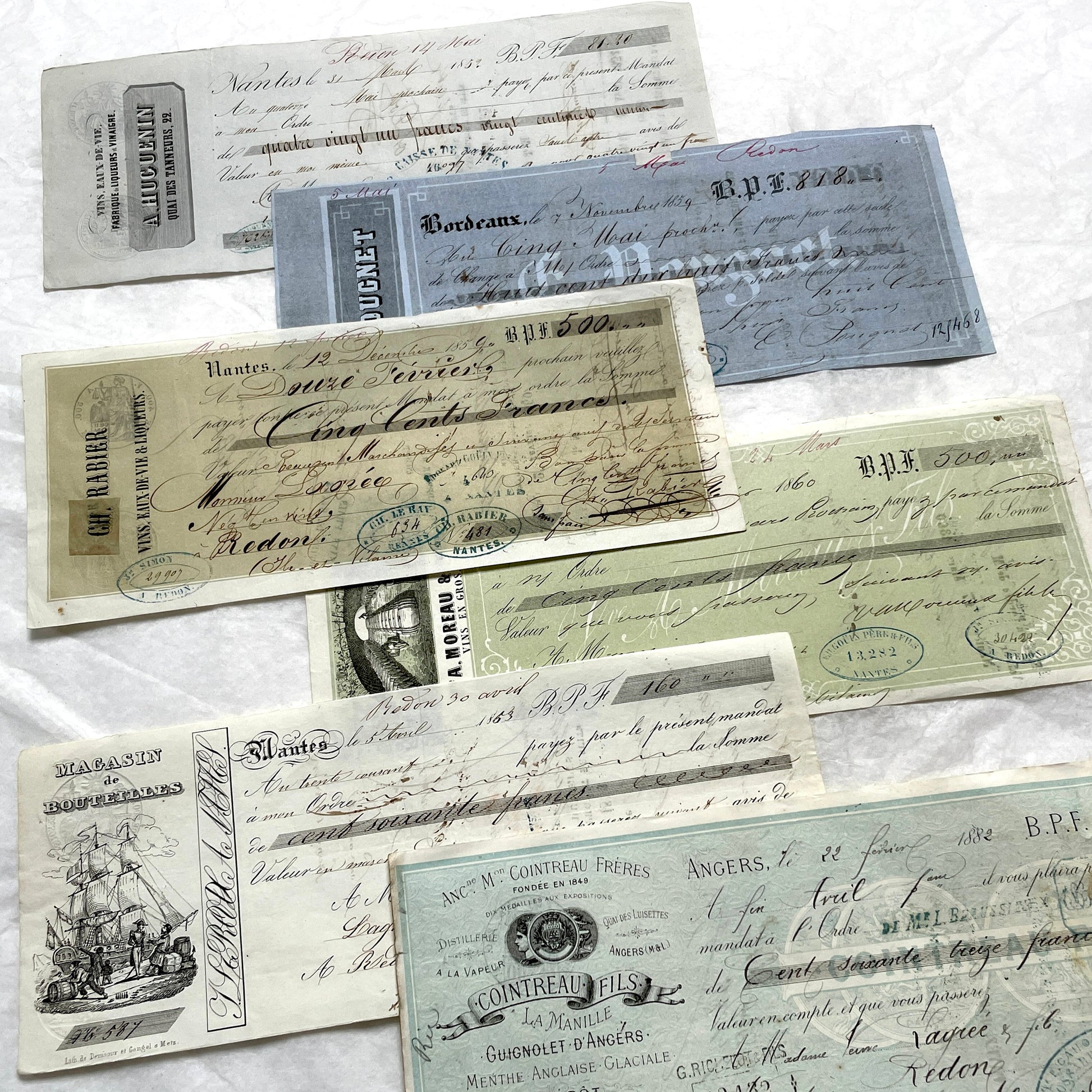 Set of 6 Mid 19th Century French exchange letters with handwritten text, historic stamps, and vintage business names includin