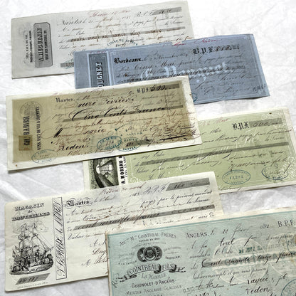 Set of 6 Mid 19th Century French exchange letters with handwritten text, historic stamps, and vintage business names includin