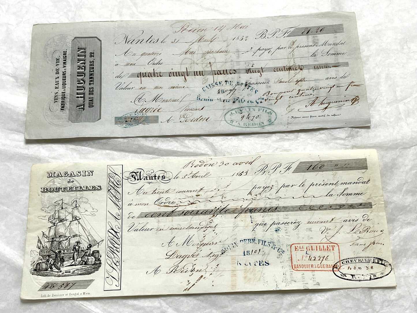 Set of 6 Mid 19th Century French exchange letters with handwritten text, historic stamps, and vintage business names includin